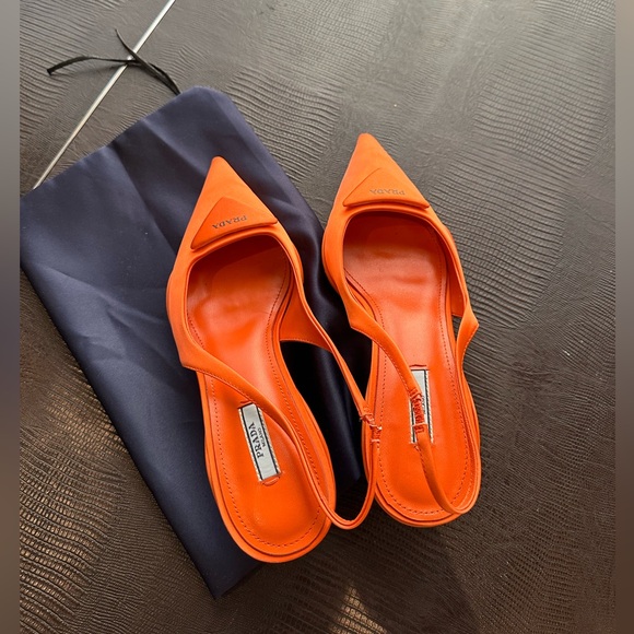 Prada Orange Logo-detailed Nylon Slingback Pumps Size US 8.5 EUR 39 Pre-Owned - Picture 10 of 16